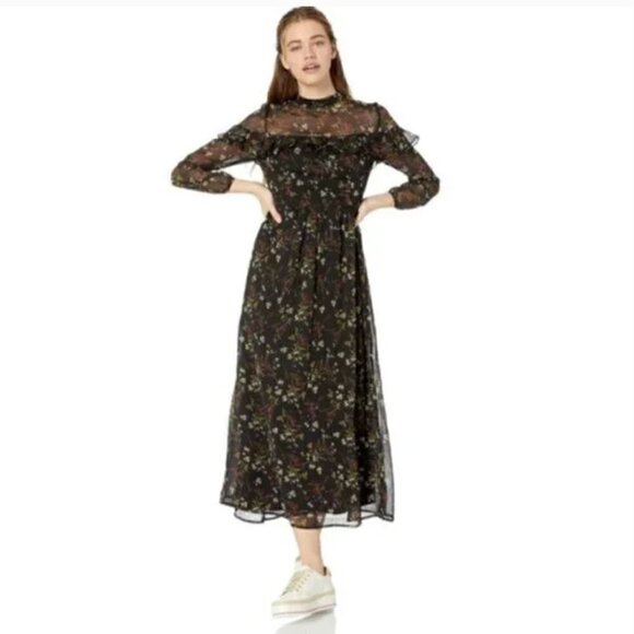 BB Dakota Dress 8 NWT Jasmine Vine Printed Crinkle Floral Black Ruffle Sheer - Picture 1 of 12